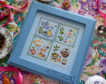 Teas of the World Cross Stitch Pattern | English Breakfast, Moroccan Mint, Matcha & Chamomile Sampler | Instant PDF Download
