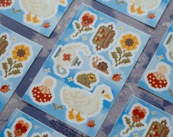 Feuille d'autocollants Cottage Friends - Stickers pixel art imperméables