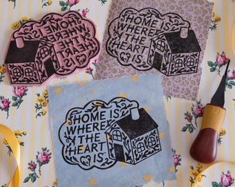 Home Is Where the Heart Is — Hand Printed Folk Linoprint