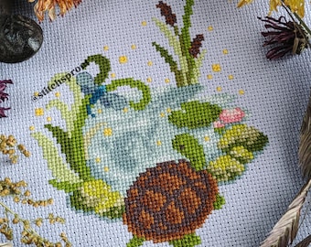 Turtle Creek Pond Cross Stitch Pattern | Cottagecore Wildlife & Garden Scene | Nature-Inspired Instant PDF Download