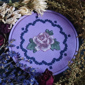 Vintage Purple Gothic Rose - Cross Stitch Pattern - Instant Download PDF - Cath Kidston Style, Kitschy, Vintage, Floral Embroidery, Witchy
