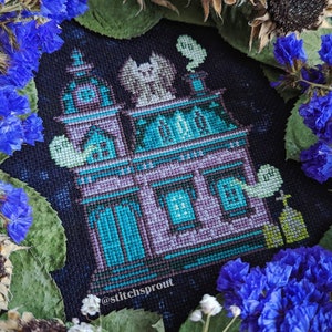 Gargoyle Haunted Mansion - Gothic Cross Stitch Pattern - Instant Download PDF - Halloween Embroidery, Ghost & Graveyard Decor