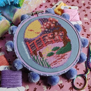 Japanese Sakura Park - Modern Cross Stitch Pattern - Instant Download PDF - Cottagecore, Floral Embroidery, Cherry Blossom, Magical Garden