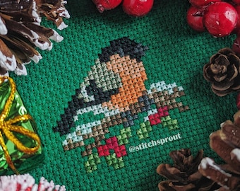 Festive Bullfinch Ornament - Modern Cross Stitch Pattern - Instant Download PDF - Cottagecore, Festive Embroidery, Bird Decoration