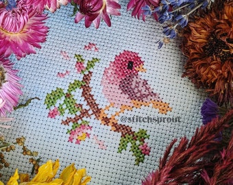 Rose Finch - Modern Cross Stitch Pattern - Instant Download PDF - Cottagecore, Cherry Blossom, Sakura, Spring Embroidery