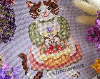 Strawberry Cat Farmer Cross Stitch Pattern | Cute Kitty with Strawberries & Garden Basket | Cottagecore Instant PDF Download