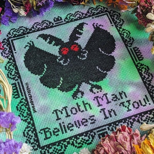 Moth Man Believes in You! - Gothic Cross Stitch Pattern - Instant Download PDF - Halloween Embroidery, Cryptids & Horror, Cryptozoology