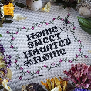 Home Sweet Haunted Home Cross Stitch Pattern | Victorian Witch & Spooky Home Decor | Gothic Halloween Instant PDF Download