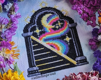 Journey to the Neon Side - Gothic Cross Stitch Pattern - Instant Download PDF - 90s Rainbow, Stairway Portal, Neon Goth