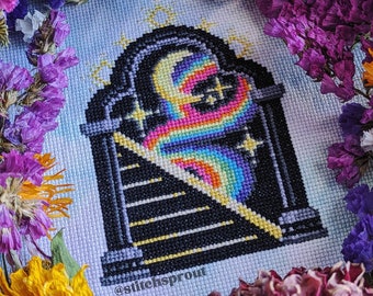 Journey to the Neon Side Cross Stitch Pattern | Neon Goth Rainbow Portal Design | Instant PDF Download