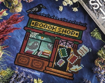 Haunted Bookshop Cross Stitch Pattern | Ghostly Bookstore & Graveyard Design | Gothic Instant PDF Download
