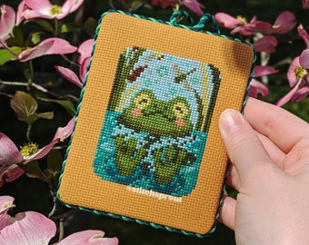 Froggy Spa Day Cross Stitch Pattern | Cute Pond Frog & Garden Decor | Cottagecore Instant PDF Download