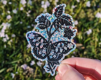 Glitter Floral Garden Butterfly Vinyl Sticker - Waterproof Sticker, Nature Decal, Car & Laptop Decal, Insect Gift, Holographic