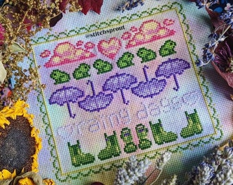 Rainy Days Sampler - Modern Cross Stitch Pattern - Instant Download PDF - Spring Time, Weather Embroidery, Cottagecore, Frog Lover