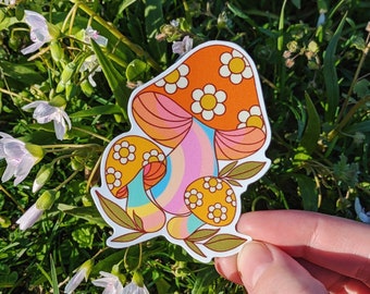 Retro Rainbow Merry Mushroom Die Cut Vinyl Sticker - Laptop / Hydroflask / Phone / Planner Die Cut Sticker, Waterproof Car Decal