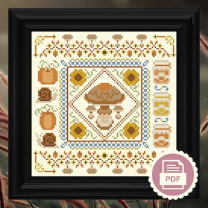 Mushroom & Sunflower Garden Sampler - Modern Cross Stitch Pattern - Instant Download PDF - Cottagecore, Floral Embroidery, Insects, Fall