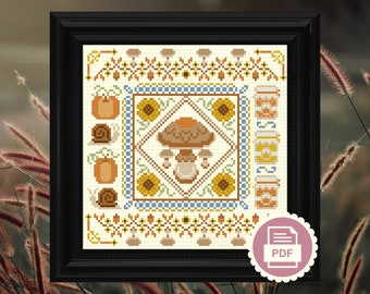 Echantillon de motif de point de croix de jardin de champignons et de tournesols | Motif floral insecte + butineuse d'automne | Téléchargement instantané du PDF