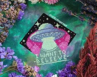 I Want to Believe Cross Stitch Pattern | UFO & X-Files Inspired Sci-Fi Design | Nostalgic Instant PDF Download