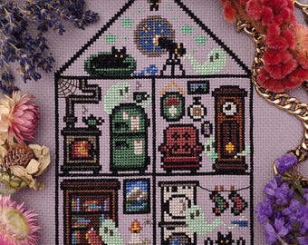 Gravestone Manor Cross Stitch Pattern | Haunted House Complete Stitch-A-Long with Ghosts | Gothic Halloween Instant PDF Download