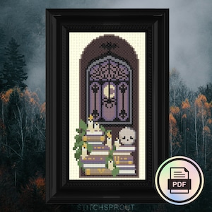 Poe&#39;s Library - Gothic Cross Stitch Pattern - Instant Download PDF - Dark Academia, Edgar Allen Poe, Book Lover