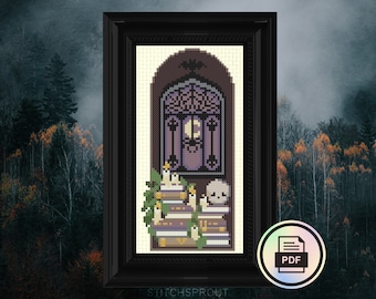 Poe's Library - Gothic Cross Stitch Pattern - Instant Download PDF - Dark Academia, Edgar Allen Poe, Book Lover