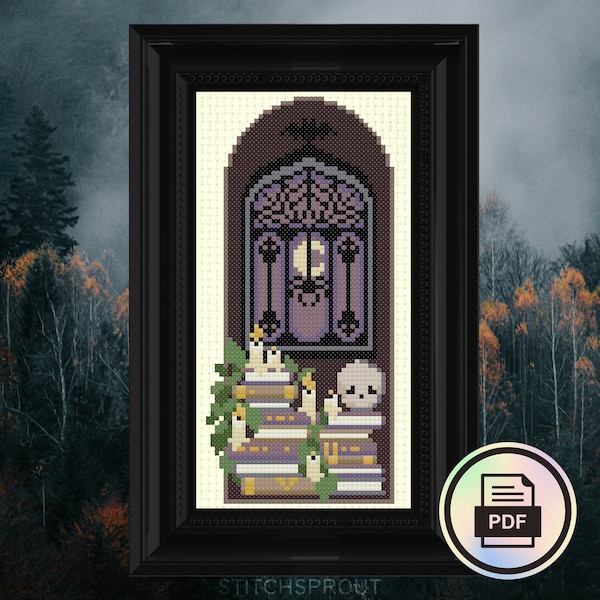 Poe's Library - Gothic Cross Stitch Pattern - Instant Download PDF - Dark Academia, Edgar Allen Poe, Book Lover