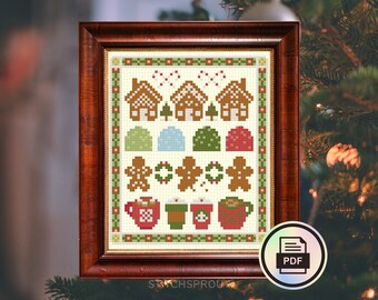 Mini Gingerbread Christmas Sampler - Modern Cross Stitch Pattern - Instant Download PDF - Hot Chocolate, Christmas Tree, Gum Drops Decor