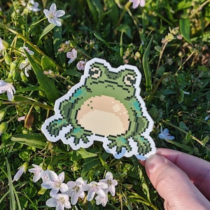 May include: A green pixel art frog sticker with a white background. The frog is sitting on its hind legs with its arms outstretched. The frog has a white belly and black eyes.