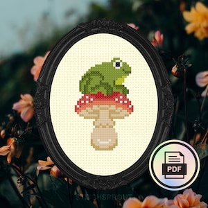 Tiny Frog Friend - Modern Cross Stitch Pattern - Instant Download PDF - Cottagecore, Froggy Embroidery, Woodland Mushroom