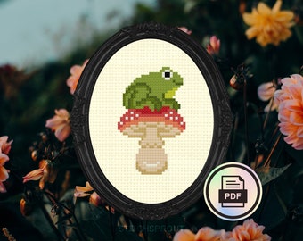 Tiny Frog Friend - Modern Cross Stitch Pattern - Instant Download PDF - Cottagecore, Froggy Embroidery, Woodland Mushroom