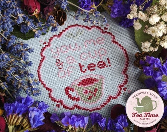 You, Me & a Cup of Tea! - Modern Cross Stitch Pattern - Instant Download PDF - Cottagecore, Floral Embroidery, Tea Party Stitch-A-Long