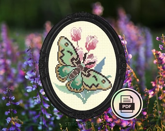 Spring Tulip Luna Moth - Gothic Cross Stitch Pattern - Instant Download PDF - Cottagecore Embroidery, Floral Design, Faux Taxidermy