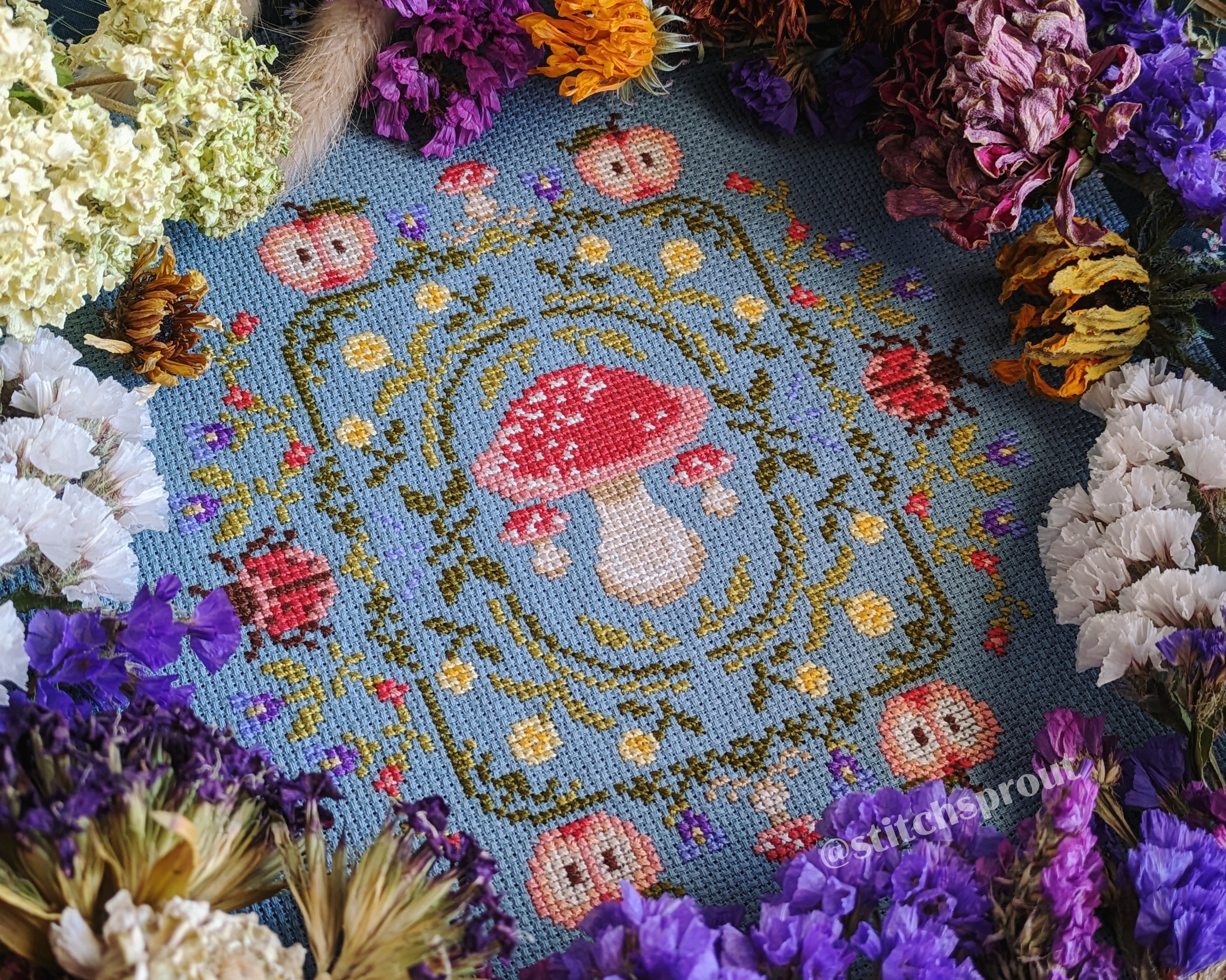 Cottagecore Mushroom Garden Sampler - Modern Cross Stitch Pattern - Instant Download PDF - Cottagecore, Floral Embroidery, Insects, Forager