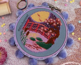Cherry Blossom Bridge Cross Stitch Pattern | Magical Japanese Sakura Park | Instant PDF Download