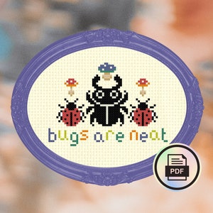 Beetles & Bugs are Neat! - Modern Cross Stitch Pattern - Instant Download PDF - Cottagecore, Insect Embroidery, Mushrooms, Wildlife