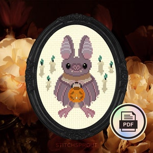 Trick or Treat Vampire Bat - Gothic Cross Stitch Pattern - Instant Download PDF - Halloween Decor, Spooky Cutie, Witchy Embroidery