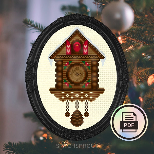 Festive Cuckoo Clock - Modern Cross Stitch Pattern - Instant Download PDF - Festive Embroidery, Christmas Clock, Traditional Christmas