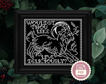 Black Phillip Goat Cross Stitch Pattern | Woodcut Block Print Gothic Design | The Witch Movie Instant PDF Download