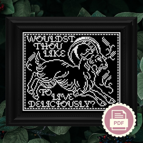 Black Phillip Goat Woodcut Block Print Style - Gothic Cross Stitch Pattern - Instant Download PDF - Spooky Embroidery, The Witch Movie