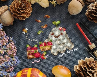 Haunted Harvest Cross Stitch Pattern | Cute Spooky Ghost & Apple Picking | Fall Autumn Instant PDF Download