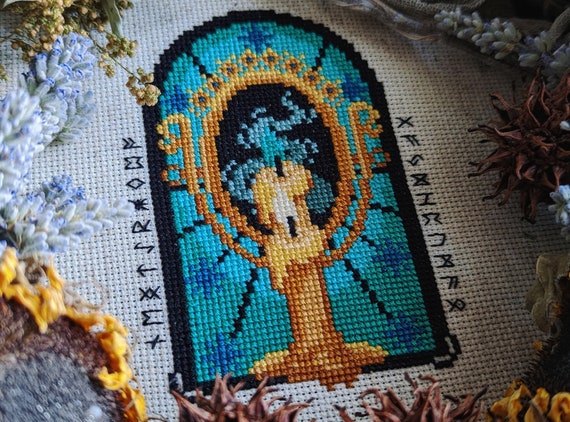 Look into the Scrying Mirror Cross Stitch Pattern | Divination & Occult Witch Design | Gothic Instant PDF Download