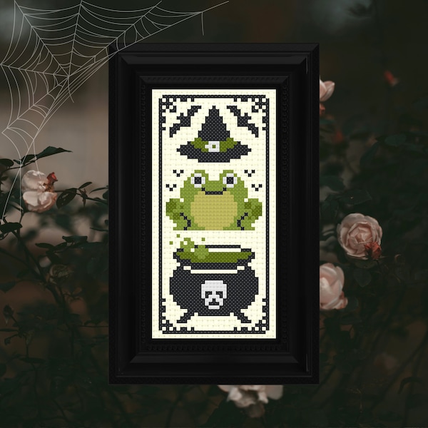 Witches Frog Familiar - Gothic Cross Stitch Pattern - Instant Download PDF - Bookmark, Halloween, Spell Magic, Witch Hat, Spooky Embroidery