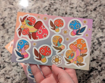 Retro Trippy Merry Mushroom Kiss Cut Vinyl Sticker Sheet - Laptop / Hydroflask / Phone / Planner Pegatina troquelada, calcomanía impermeable para coche