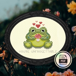Mushroom Frog Love - Modern Cross Stitch Pattern - Instant Download PDF - Cottagecore, Froggy Embroidery, Woodland Mushroom, Valentines Gift