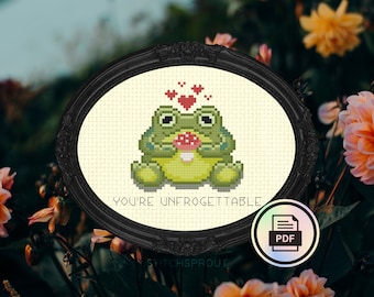 Mushroom Frog Love - Modern Cross Stitch Pattern - Instant Download PDF - Cottagecore, Froggy Embroidery, Woodland Mushroom, Valentines Gift