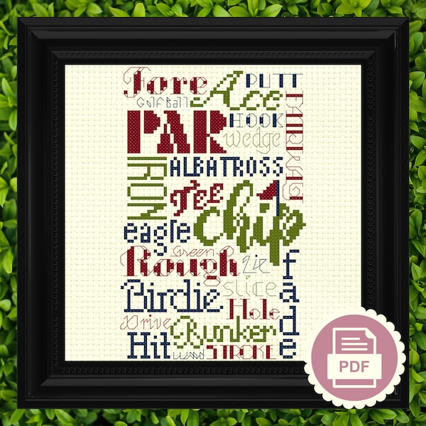 Golf Slang Word Collage - Modern Cross Stitch Pattern - Instant Download PDF - Gifts, Sports, Golfing, Christmas Gift
