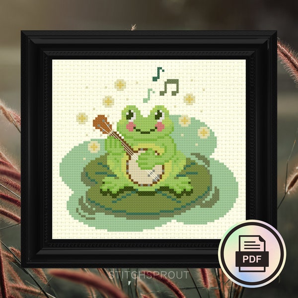 Summer Nights - Modern Cross Stitch Pattern - Instant Download PDF - Cottagecore, Frog Embroidery, Nature & Fireflies