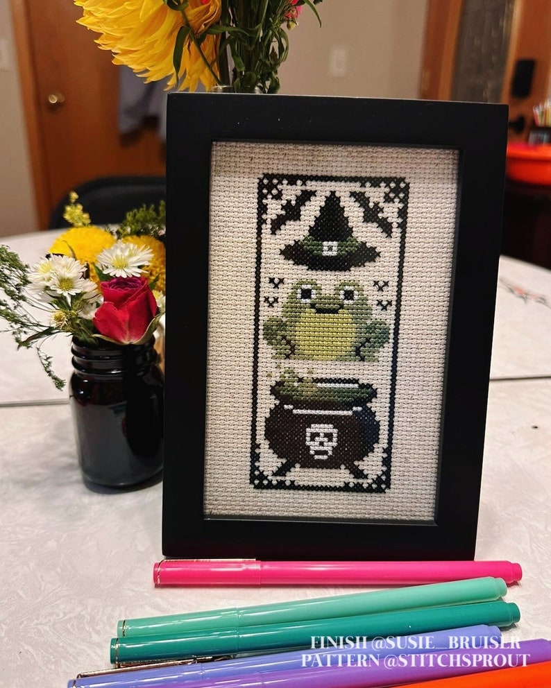 K&ouml;nnte beinhalten: Ein gerahmtes Kreuzstich-Design mit einem gr&uuml;nen Frosch, der einen Hexenhut tr&auml;gt und auf einem Kessel mit Totenkopf und Knochen sitzt. Der Text "FINISH @SUSIE_BRUISER PATTERN @STITCHSPROUT" befindet sich unter dem Bild.