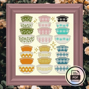 Vintage Pyrex Collection Shrine - Modern Cross Stitch Pattern - Instant Download PDF - Cottagecore, Retro Collector, Kitchen Decor, Sampler