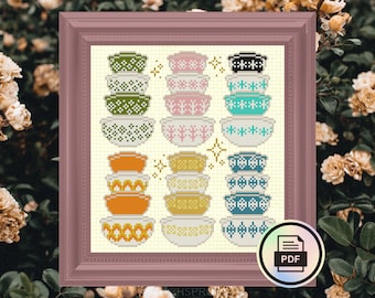 Vintage Pyrex Collection Shrine - Modern Cross Stitch Pattern - Instant Download PDF - Cottagecore, Retro Collector, Kitchen Decor, Sampler